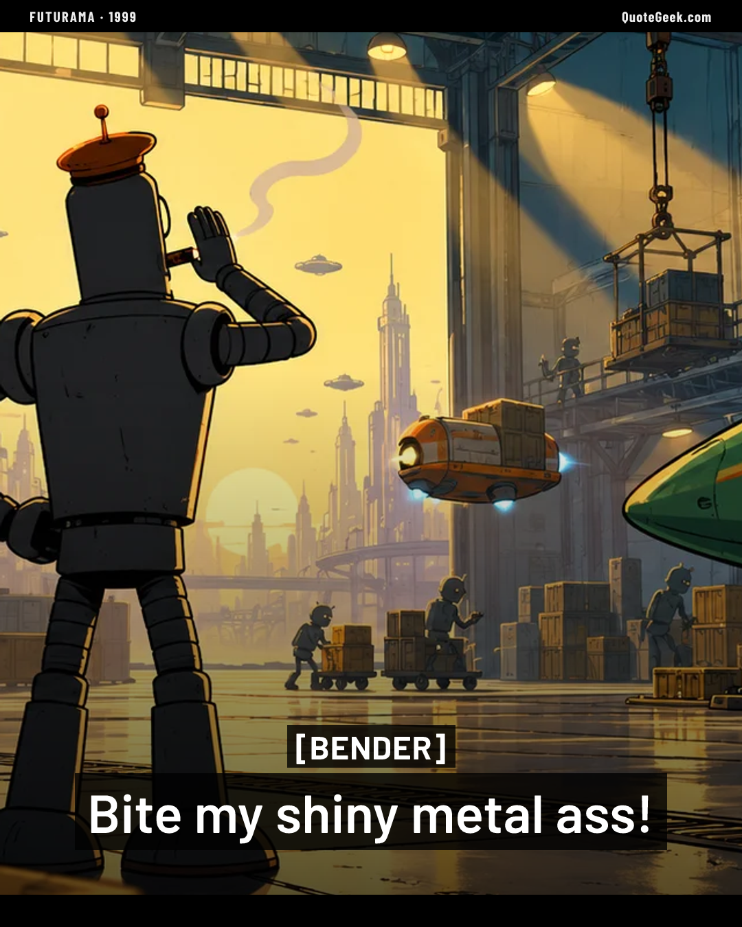 “Bite my shiny metal ass!” — Bender · Futurama. Illustrated QuoteGeek card.