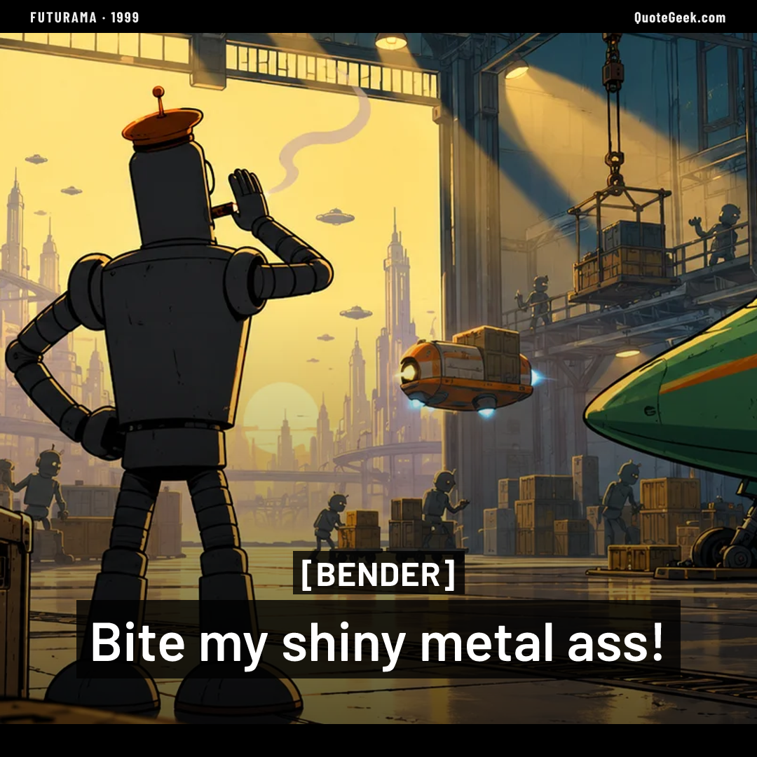 “Bite my shiny metal ass!” — Bender · Futurama. Illustrated QuoteGeek card.