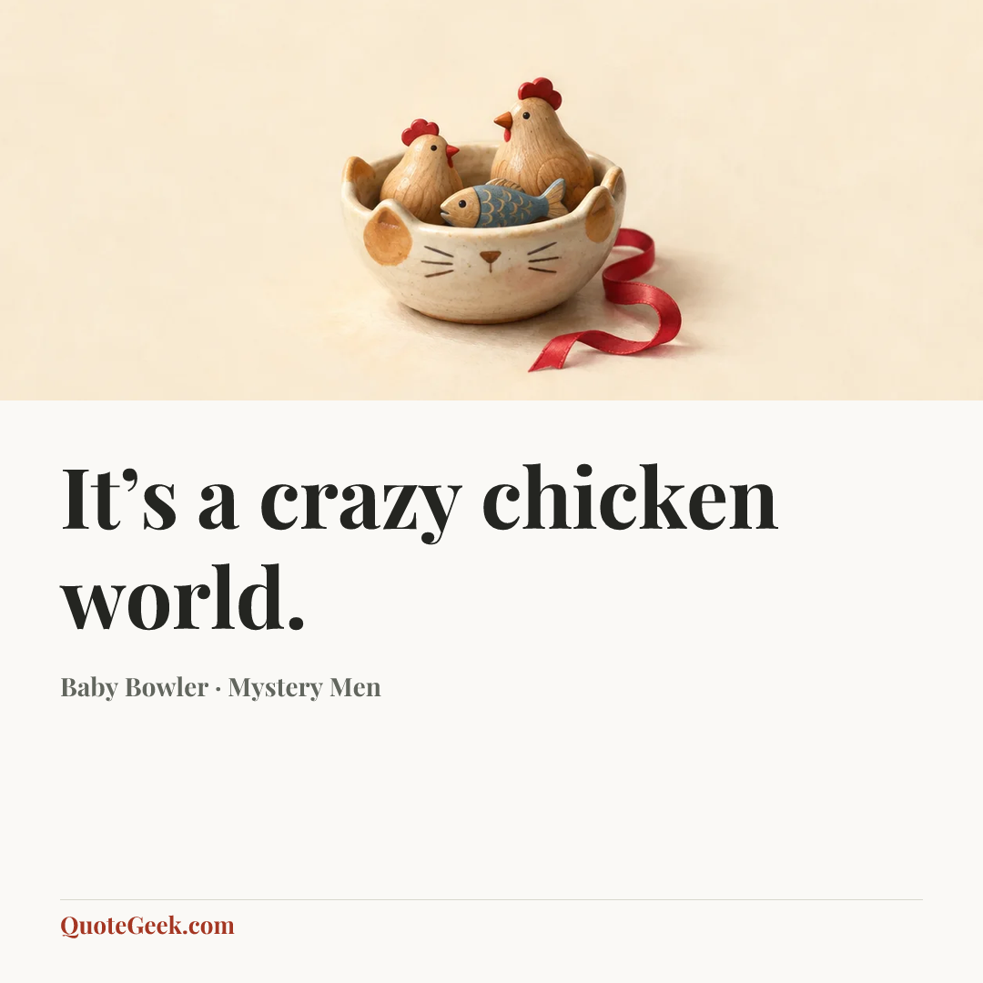 “It’s a crazy chicken world.” — Baby Bowler · Mystery Men. Illustrated QuoteGeek card.