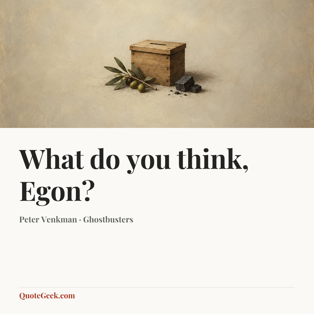 “What do you think, Egon?” — Peter Venkman · Ghostbusters. Illustrated QuoteGeek card.