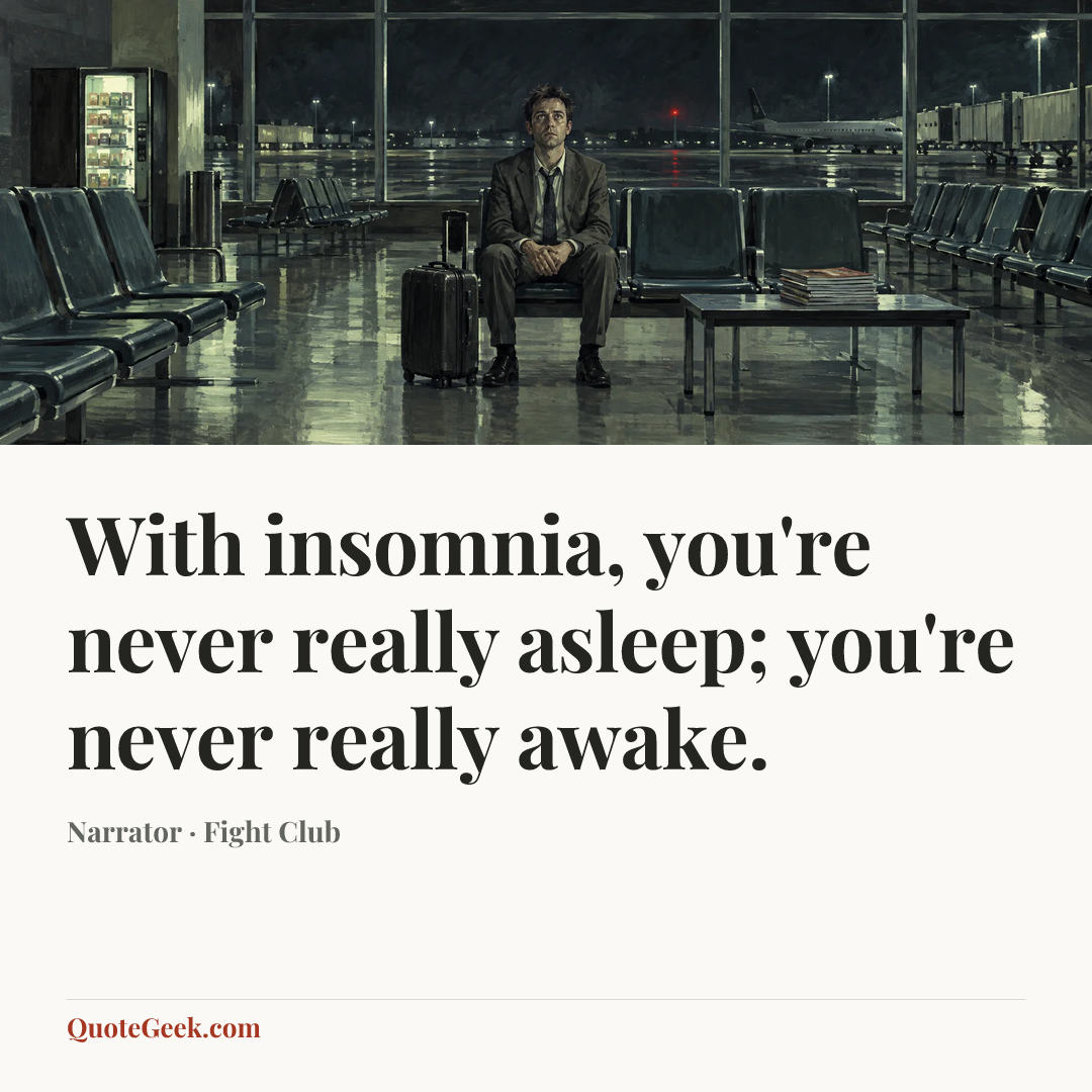 “With insomnia, you're never really asleep; you're never really awake.” — Narrator · Fight Club. Illustrated QuoteGeek card.