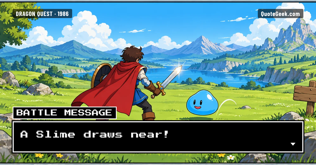 “A Slime draws near!” — Battle message · Dragon Quest. Illustrated QuoteGeek card.