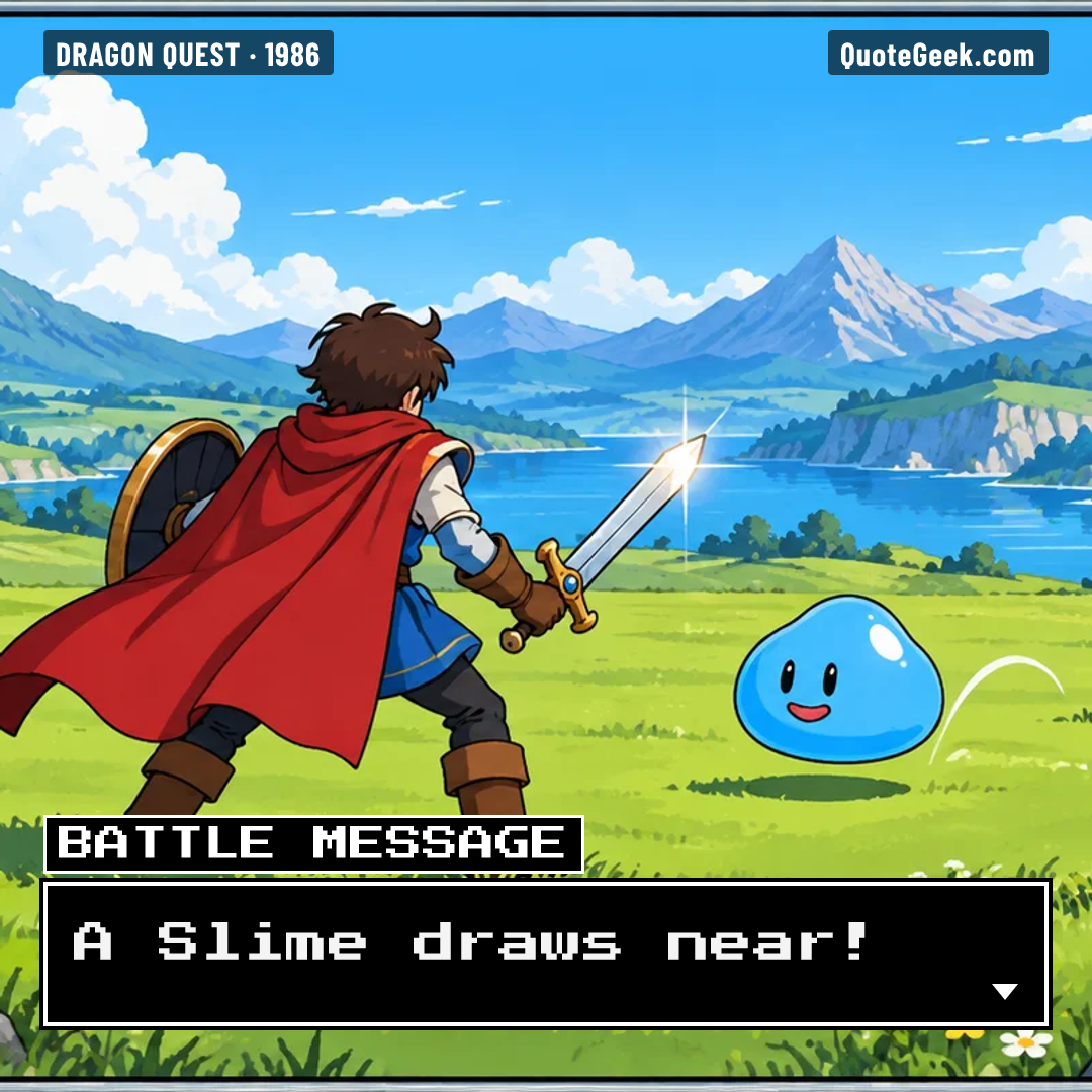 “A Slime draws near!” — Battle message · Dragon Quest. Illustrated QuoteGeek card.