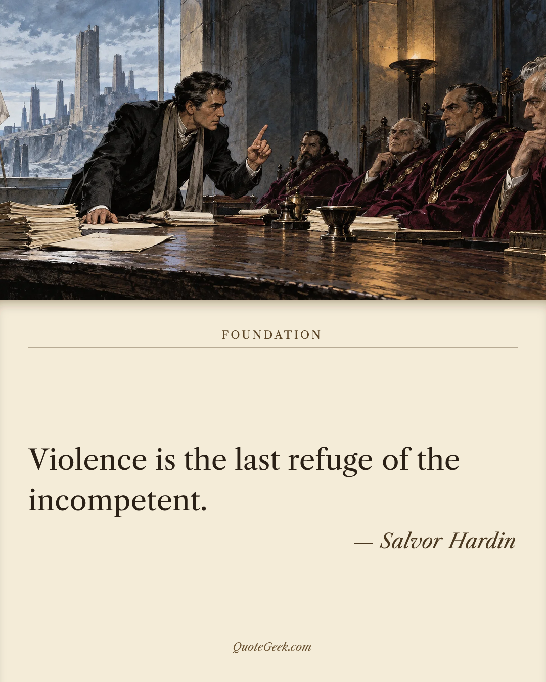 “Violence is the last refuge of the incompetent.” — Salvor Hardin · Foundation. Illustrated QuoteGeek card.