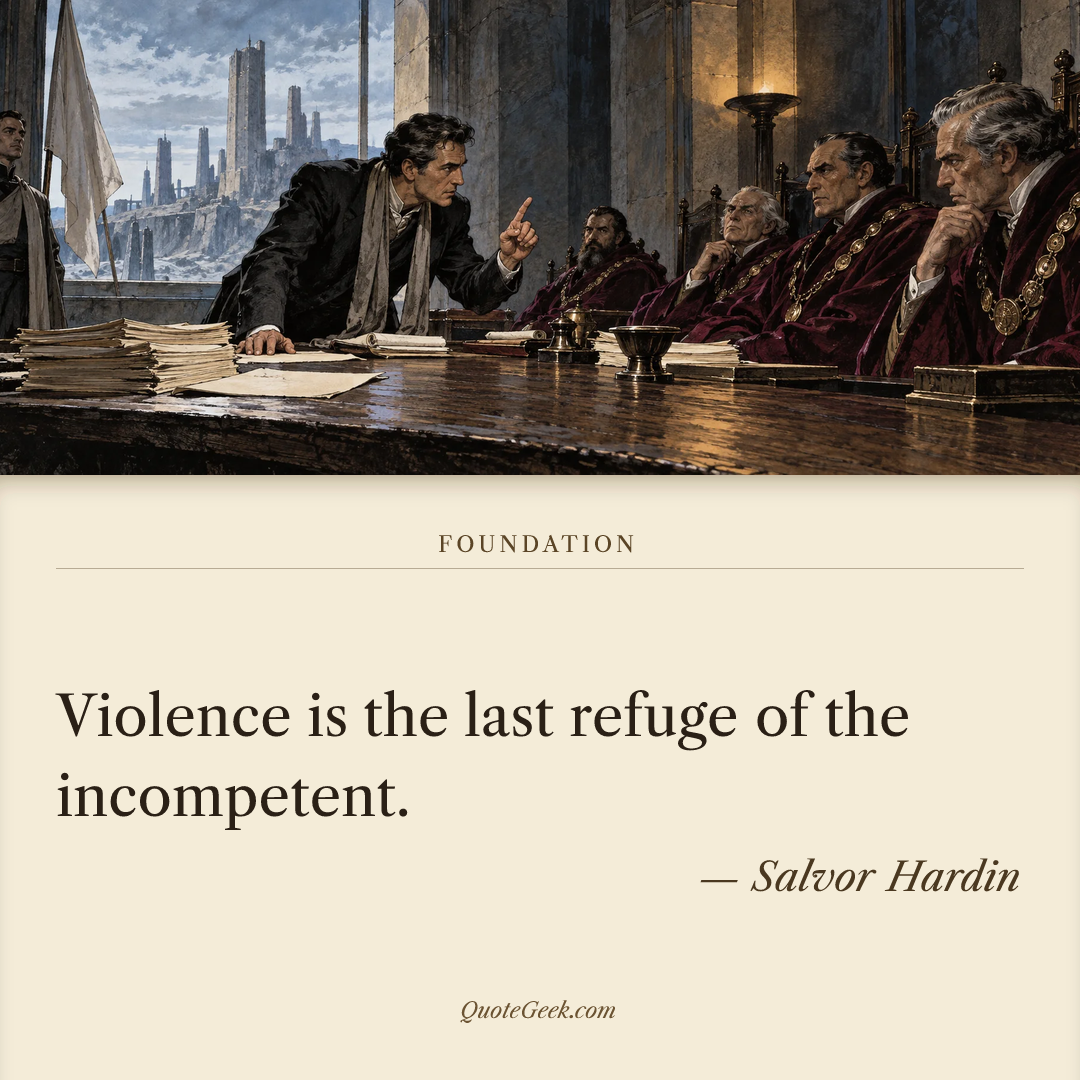 “Violence is the last refuge of the incompetent.” — Salvor Hardin · Foundation. Illustrated QuoteGeek card.