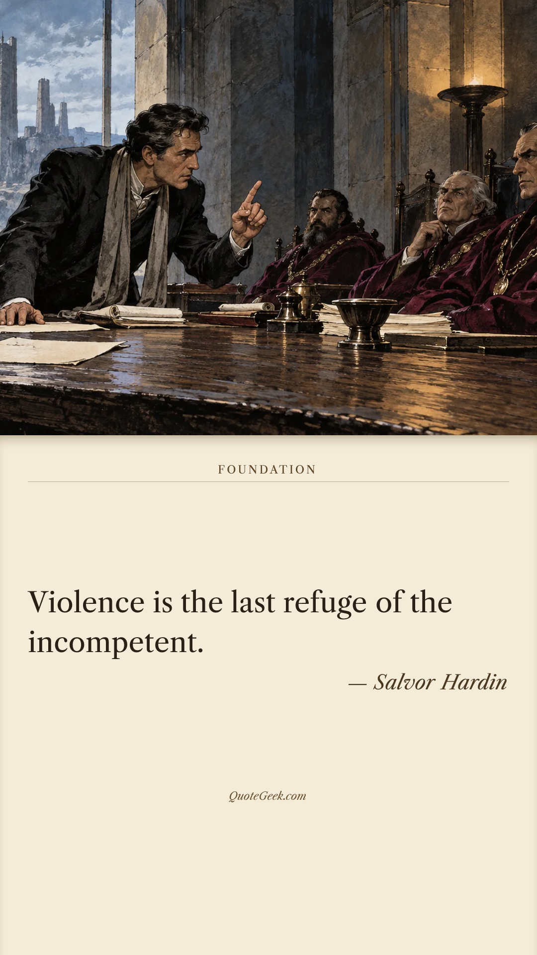 “Violence is the last refuge of the incompetent.” — Salvor Hardin · Foundation. Illustrated QuoteGeek card.