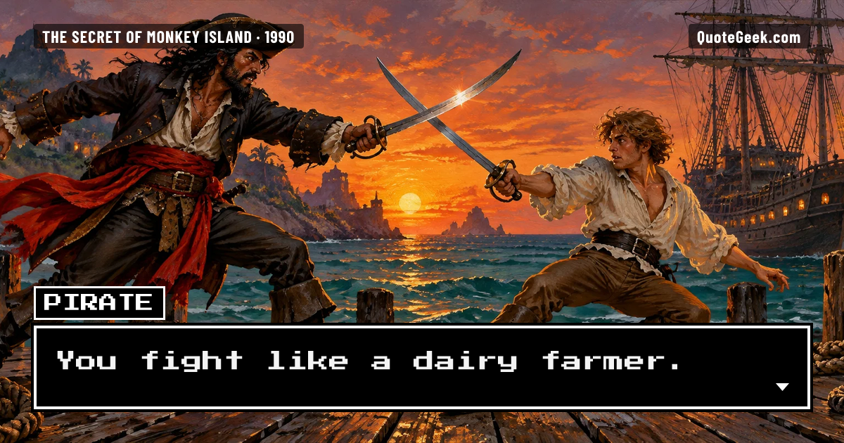 “You fight like a dairy farmer.” — Pirate · The Secret of Monkey Island. Illustrated QuoteGeek card.