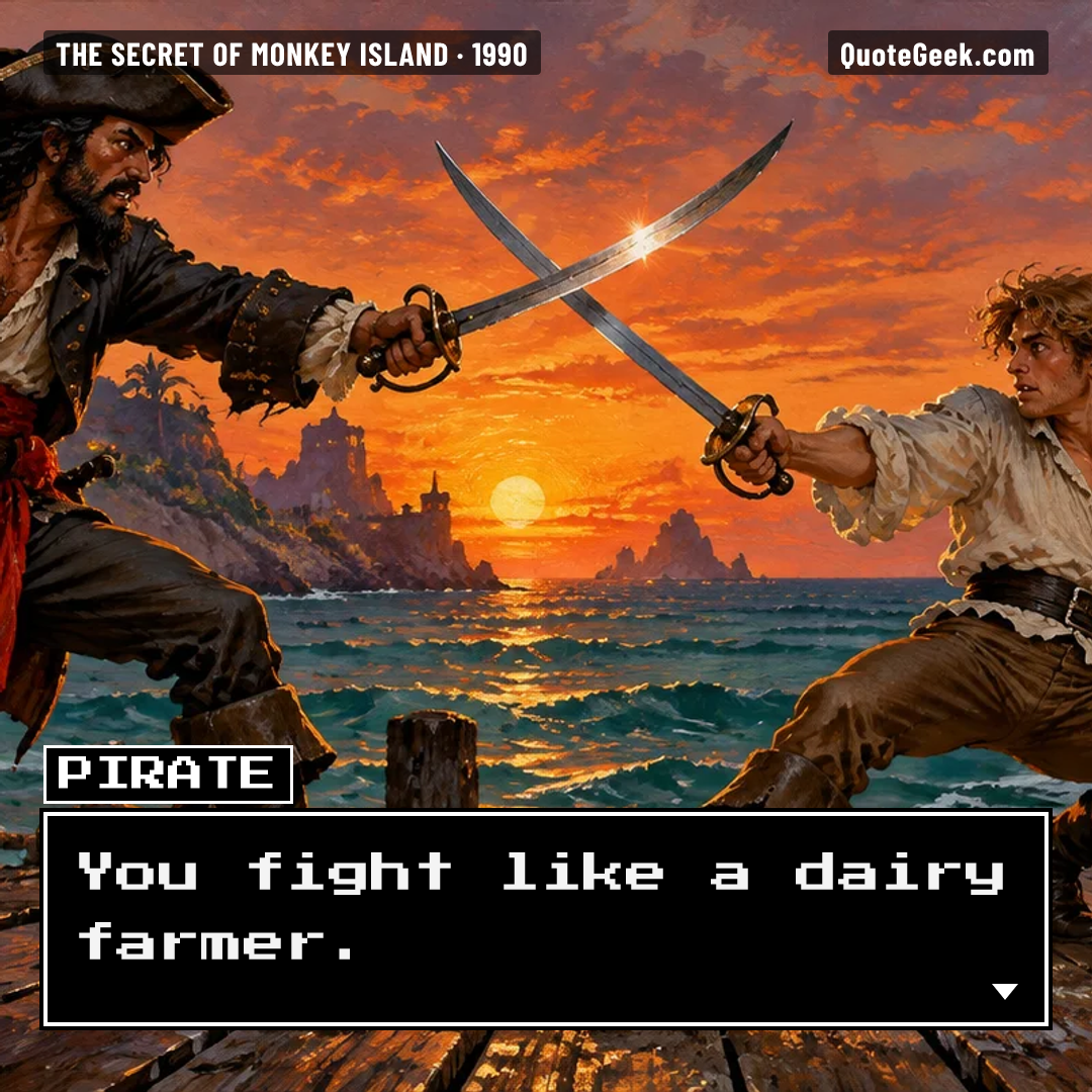 “You fight like a dairy farmer.” — Pirate · The Secret of Monkey Island. Illustrated QuoteGeek card.