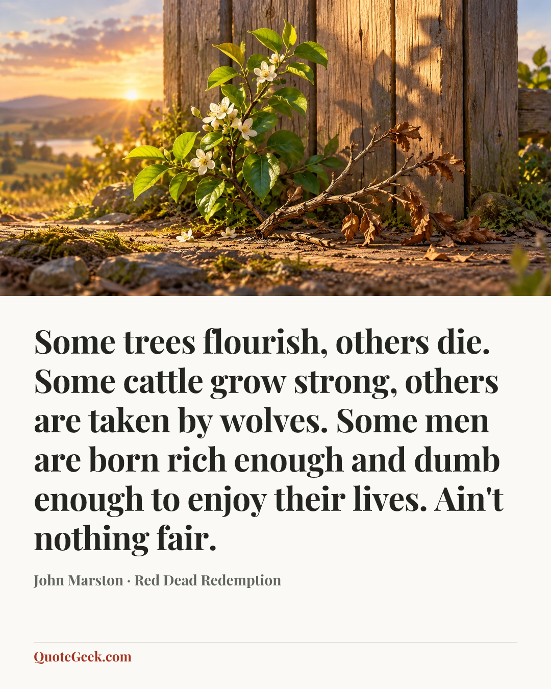 “Some trees flourish, others die. Some cattle grow strong, others are taken by wolves. Some men are born rich enough and dumb enough to enjoy their lives. Ain't nothing fair.” — John Marston · Red Dead Redemption. Illustrated QuoteGeek card.