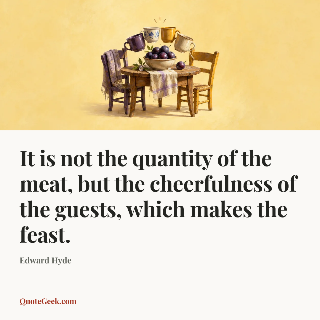 “It is not the quantity of the meat, but the cheerfulness of the guests, which makes the feast.” — Edward Hyde. Illustrated QuoteGeek card.