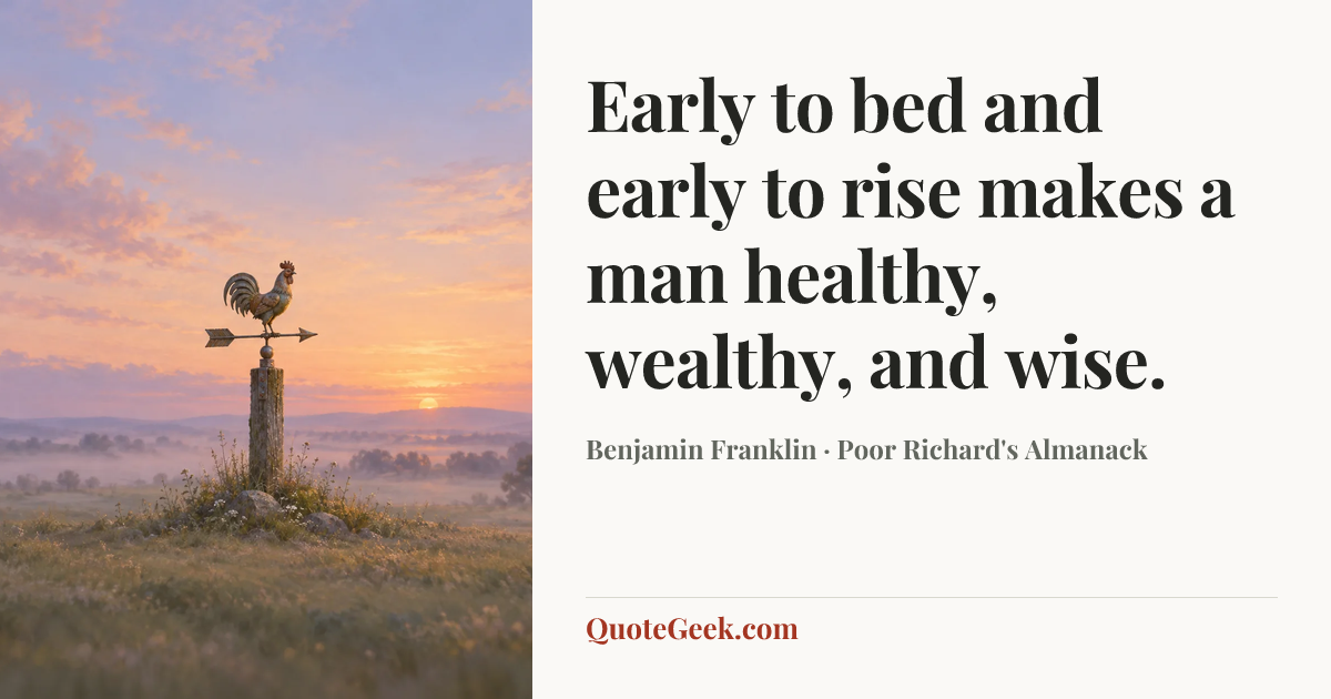 “Early to bed and early to rise makes a man healthy, wealthy, and wise.” — Benjamin Franklin · Poor Richard's Almanack. Illustrated QuoteGeek card.