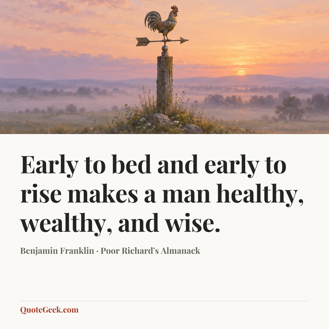 “Early to bed and early to rise makes a man healthy, wealthy, and wise.” — Benjamin Franklin · Poor Richard's Almanack. Illustrated QuoteGeek card.