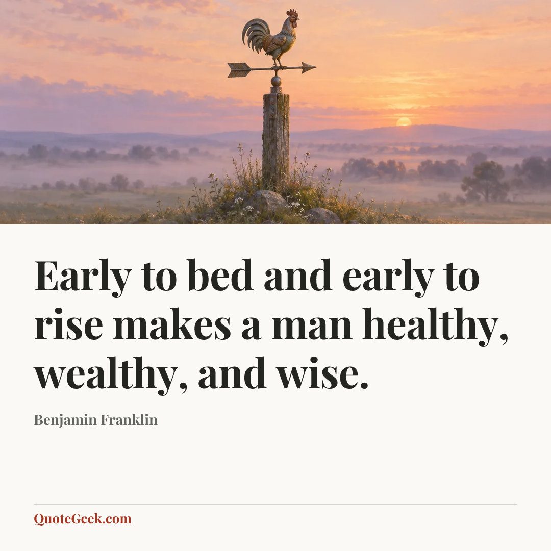 “Early to bed and early to rise makes a man healthy, wealthy, and wise.” — Benjamin Franklin. Illustrated QuoteGeek card.