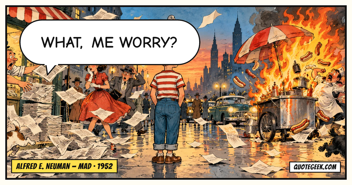 “What, me worry?” — Alfred E. Neuman · Mad. Illustrated QuoteGeek card.