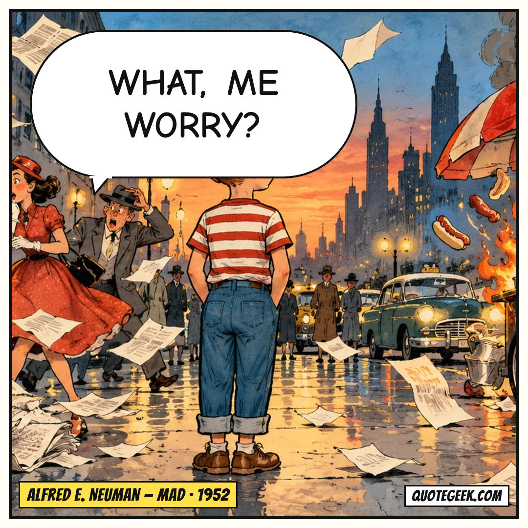“What, me worry?” — Alfred E. Neuman · Mad. Illustrated QuoteGeek card.