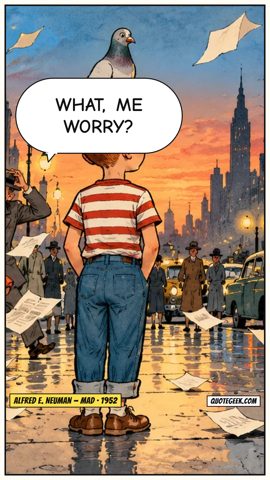 “What, me worry?” — Alfred E. Neuman · Mad. Illustrated QuoteGeek card.