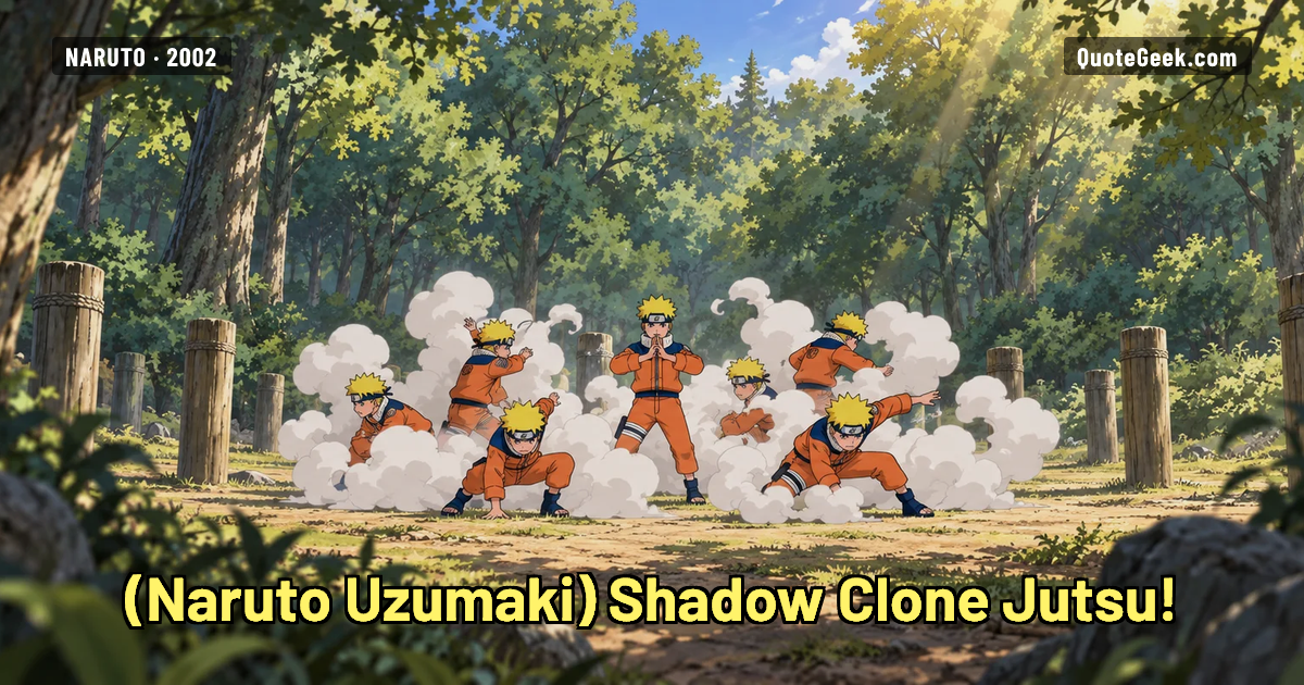 “Shadow Clone Jutsu!” — Naruto Uzumaki · Naruto. Illustrated QuoteGeek card.