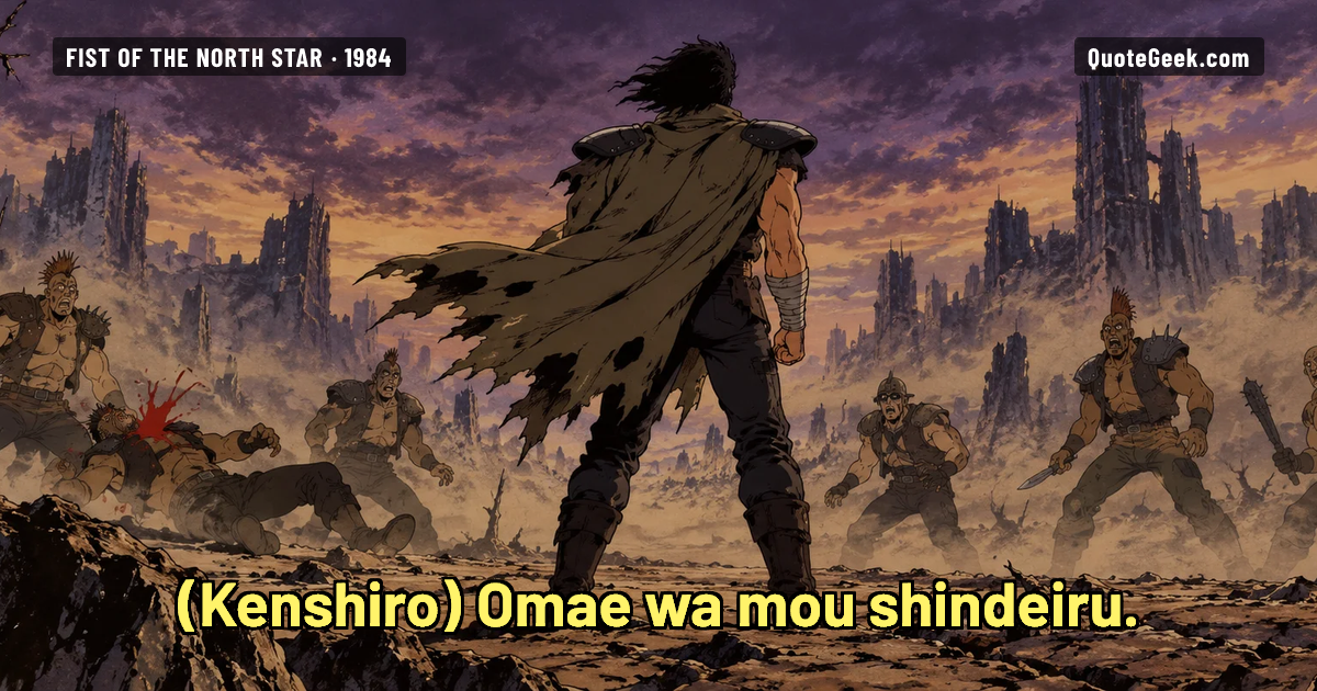 “Omae wa mou shindeiru.” — Kenshiro · Fist of the North Star. Illustrated QuoteGeek card.