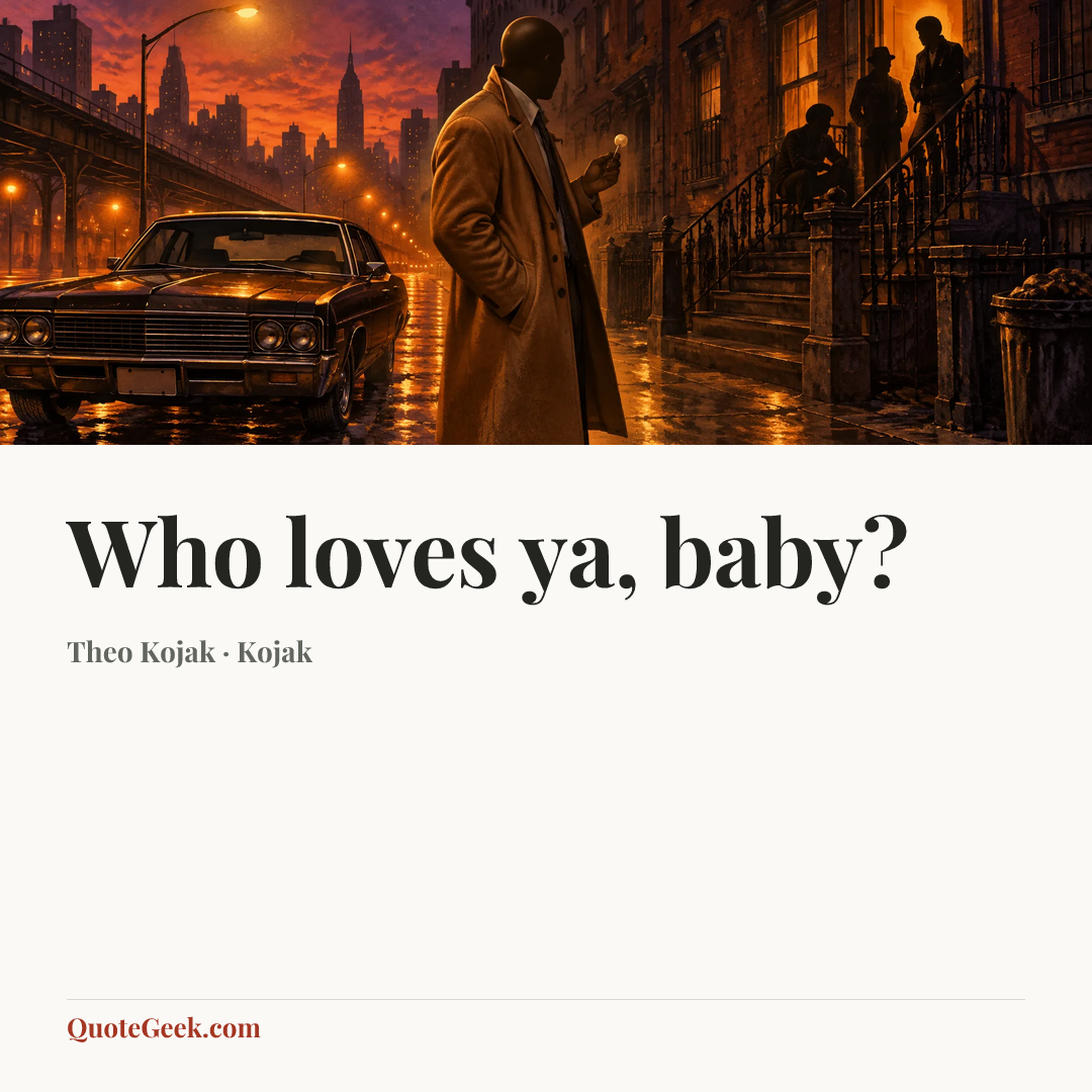 “Who loves ya, baby?” — Theo Kojak · Kojak. Illustrated QuoteGeek card.