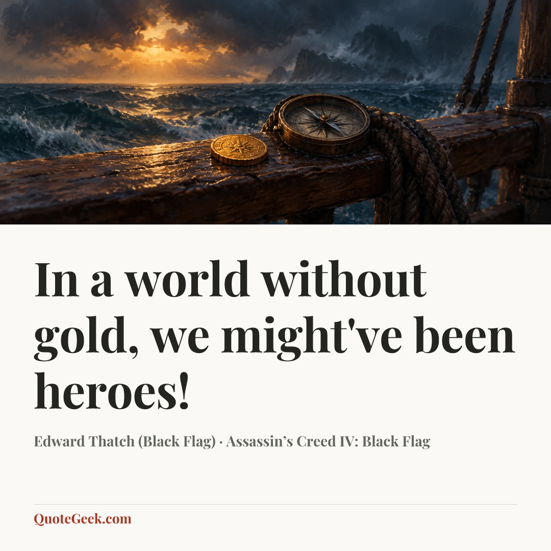 “In a world without gold, we might've been heroes!” — Edward Thatch (Black Flag) · Assassin’s Creed IV: Black Flag. Illustrated QuoteGeek card.