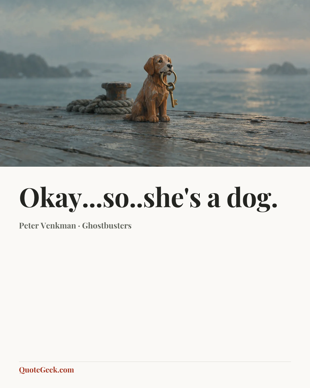 “Okay...so..she's a dog.” — Peter Venkman · Ghostbusters. Illustrated QuoteGeek card.