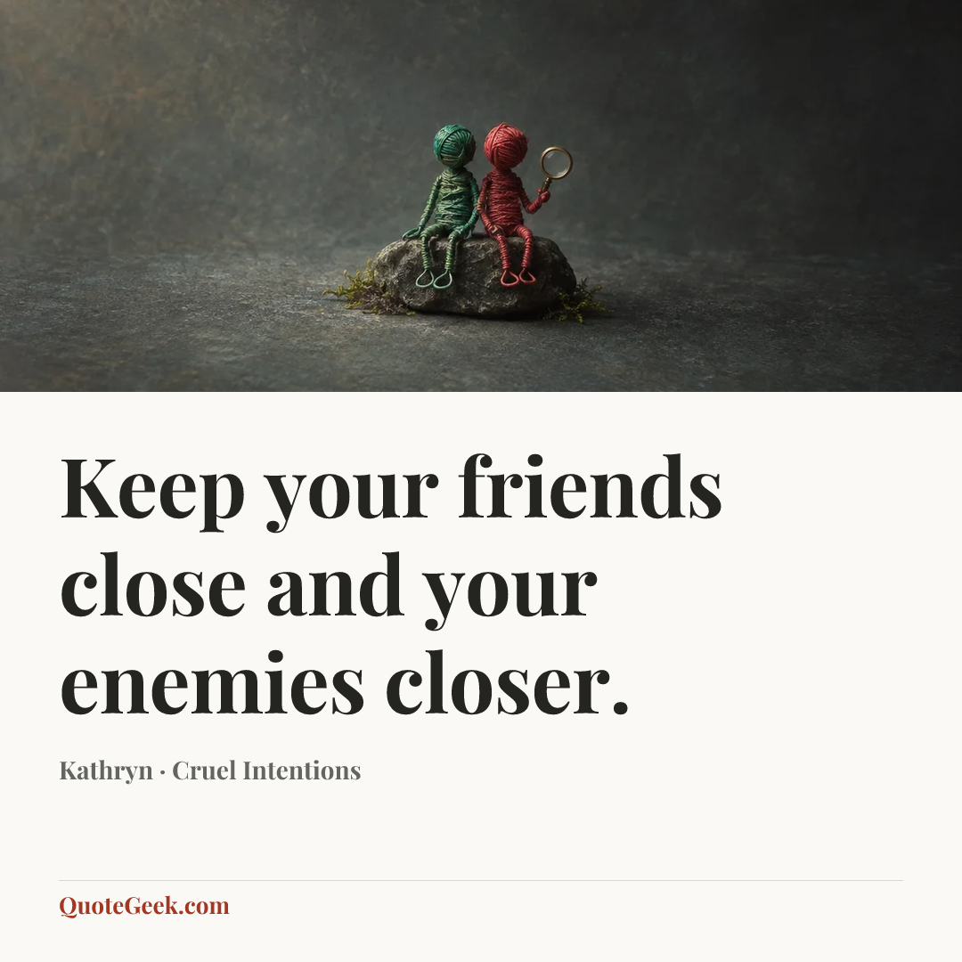“Keep your friends close and your enemies closer.” — Kathryn · Cruel Intentions. Illustrated QuoteGeek card.