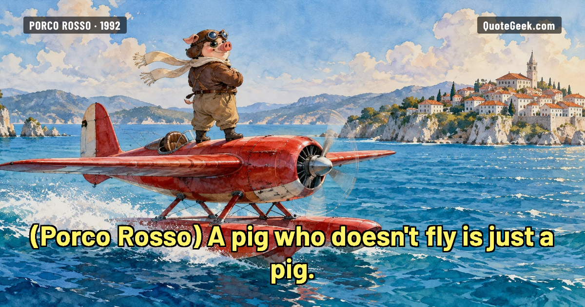 “A pig who doesn't fly is just a pig.” — Porco Rosso · Porco Rosso. Illustrated QuoteGeek card.