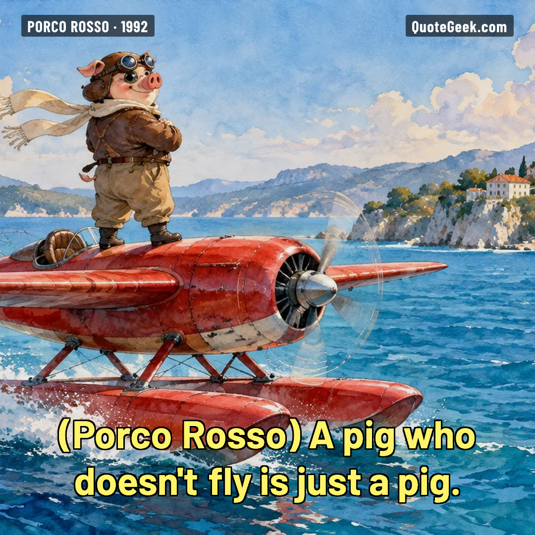 “A pig who doesn't fly is just a pig.” — Porco Rosso · Porco Rosso. Illustrated QuoteGeek card.