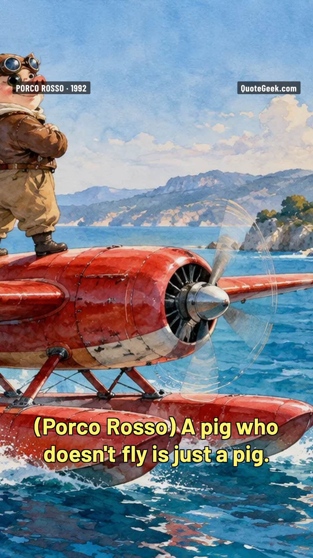 “A pig who doesn't fly is just a pig.” — Porco Rosso · Porco Rosso. Illustrated QuoteGeek card.