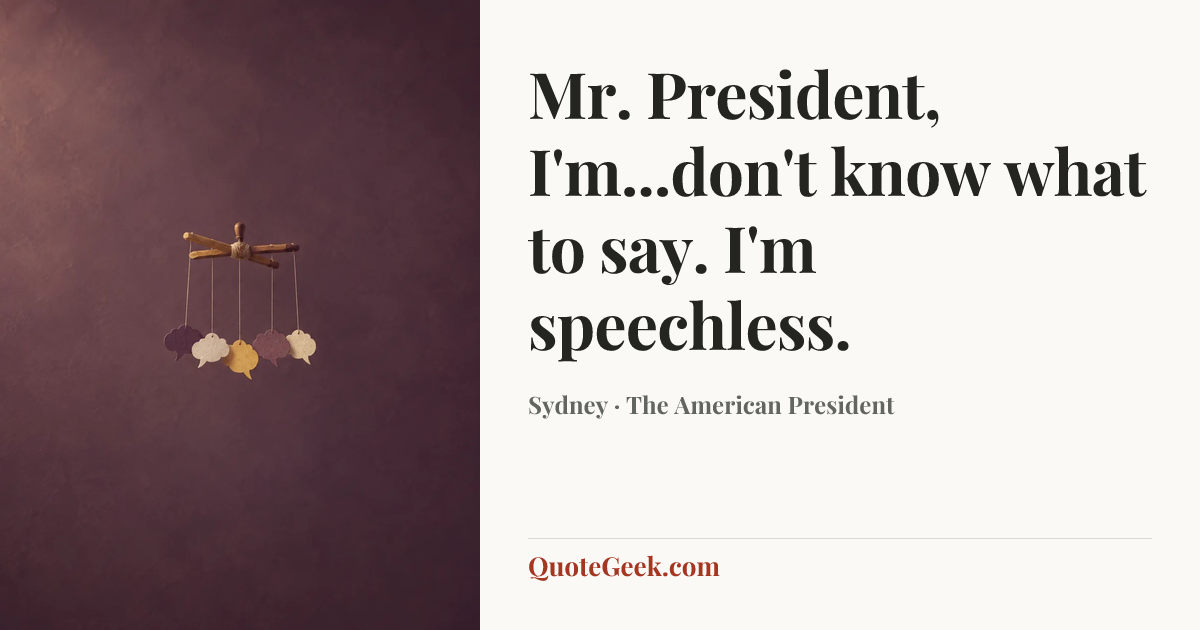 “Mr. President, I'm...don't know what to say. I'm speechless.” — Sydney · The American President. Illustrated QuoteGeek card.