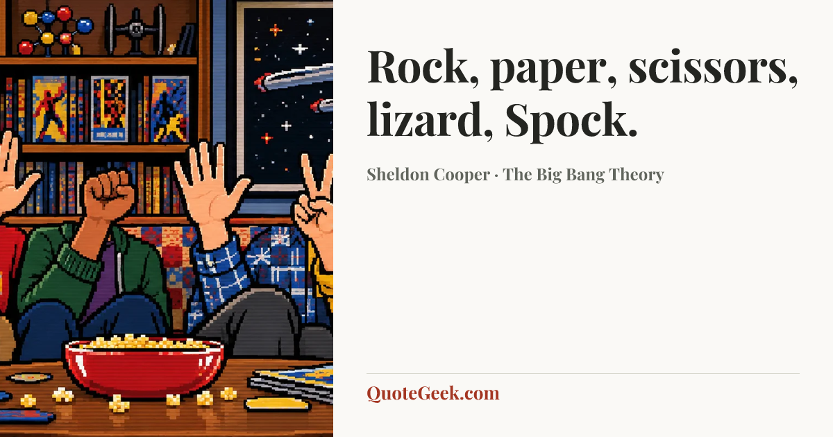 “Rock, paper, scissors, lizard, Spock.” — Sheldon Cooper · The Big Bang Theory. Illustrated QuoteGeek card.