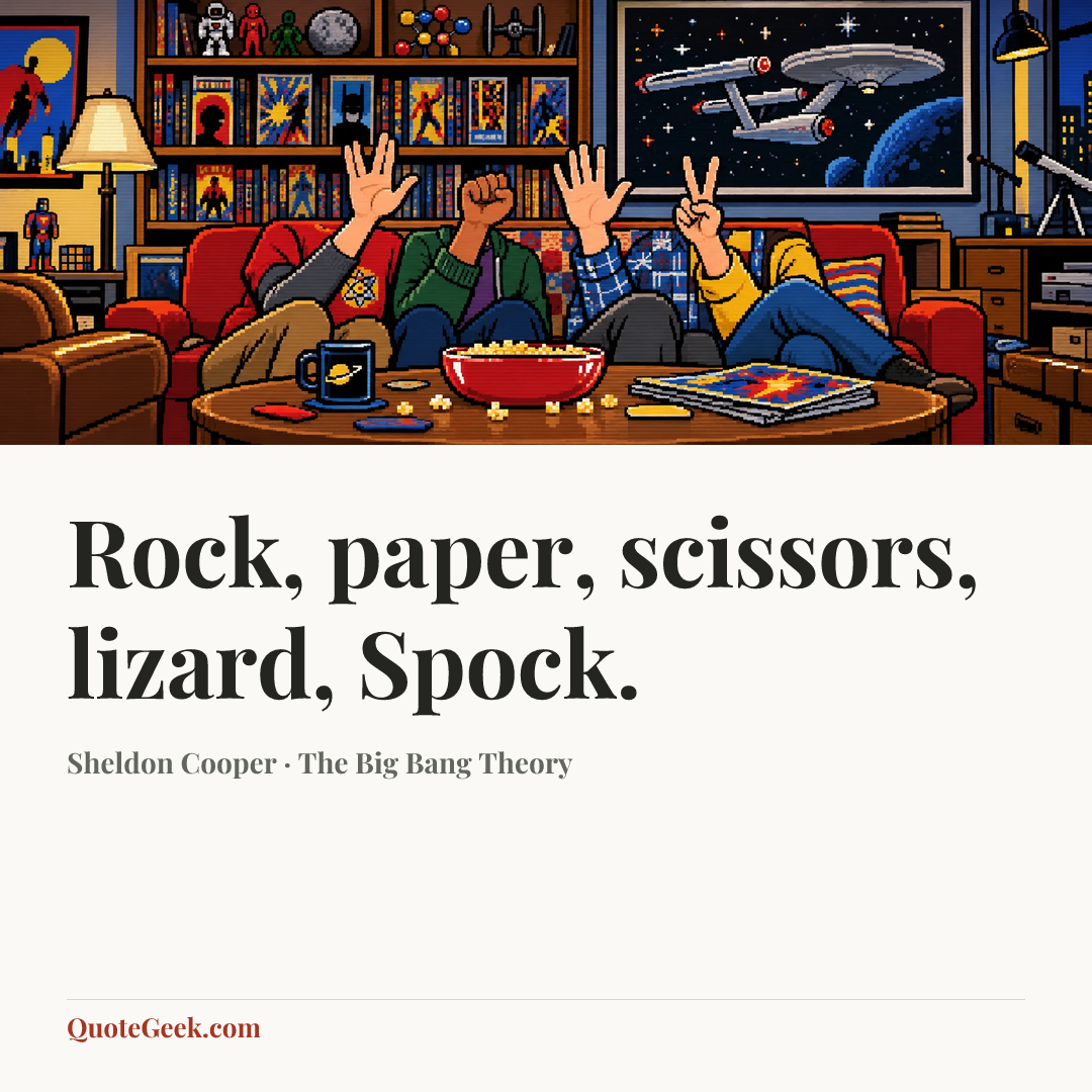 “Rock, paper, scissors, lizard, Spock.” — Sheldon Cooper · The Big Bang Theory. Illustrated QuoteGeek card.