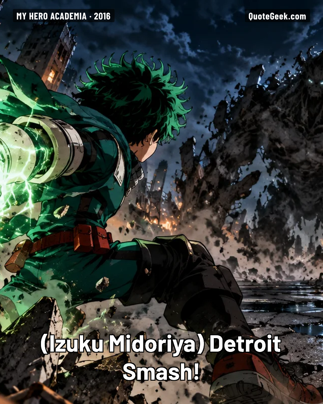 “Detroit Smash!” — Izuku Midoriya · My Hero Academia. Illustrated QuoteGeek card.