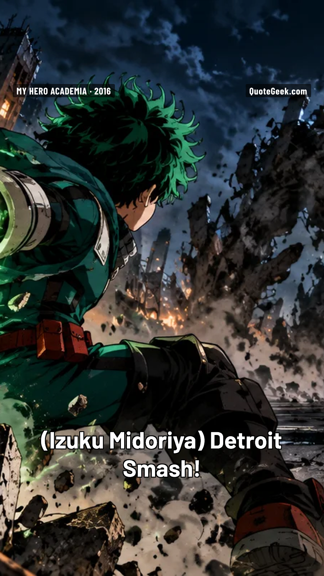 “Detroit Smash!” — Izuku Midoriya · My Hero Academia. Illustrated QuoteGeek card.