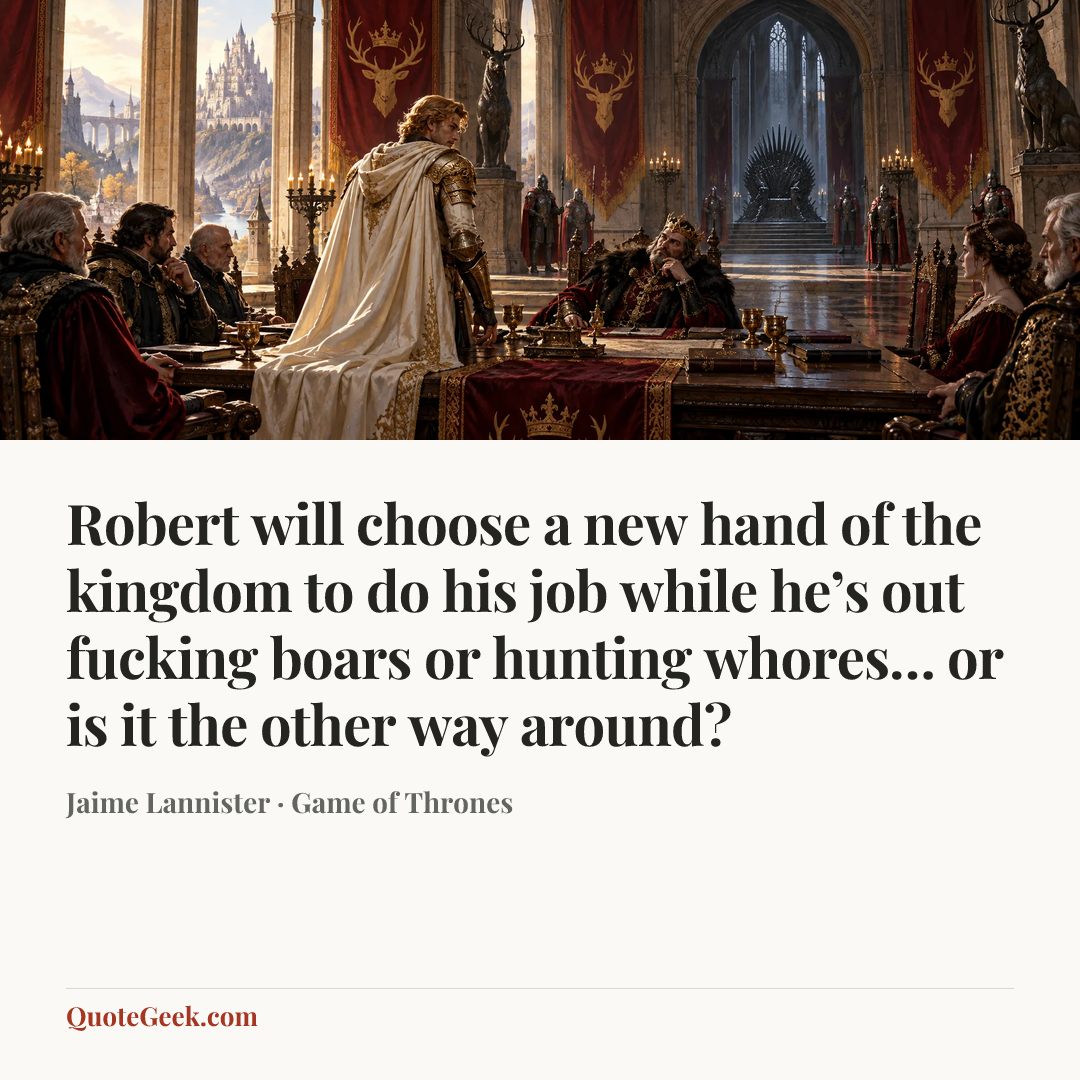 “Robert will choose a new hand of the kingdom to do his job while he’s out fucking boars or hunting whores… or is it the other way around?” — Jaime Lannister · Game of Thrones. Illustrated QuoteGeek card.
