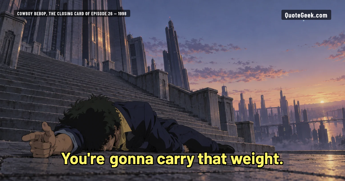 “You're gonna carry that weight.” — Cowboy Bebop, the closing card of episode 26 · Cowboy Bebop. Illustrated QuoteGeek card.