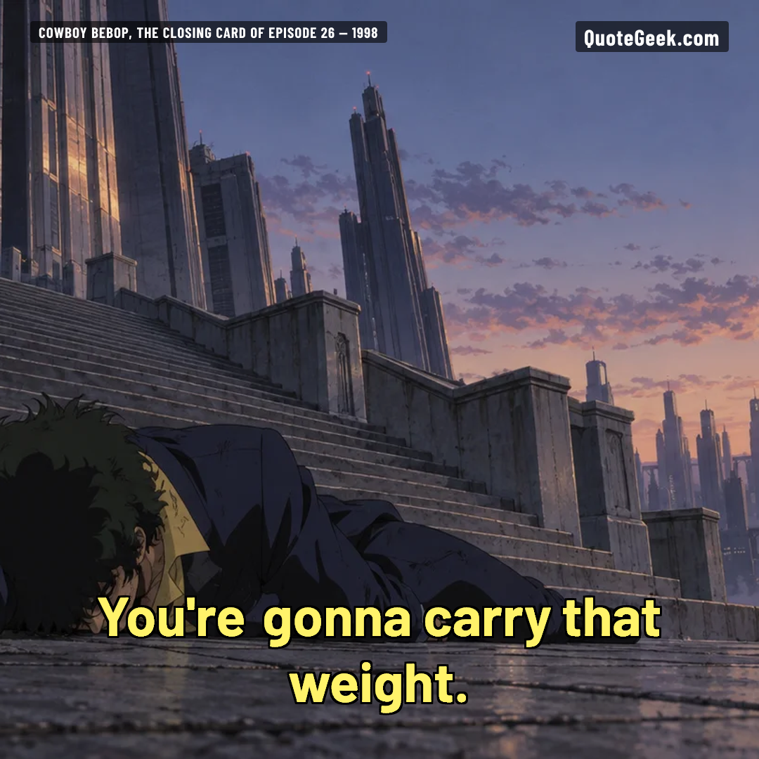 “You're gonna carry that weight.” — Cowboy Bebop, the closing card of episode 26 · Cowboy Bebop. Illustrated QuoteGeek card.