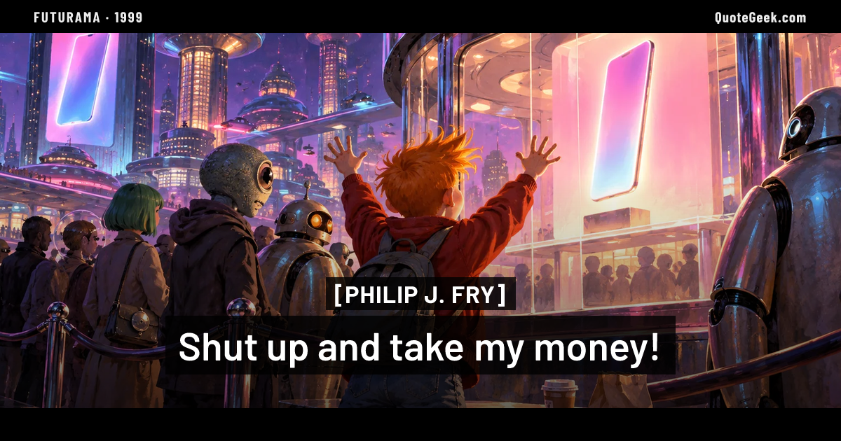 “Shut up and take my money!” — Philip J. Fry · Futurama. Illustrated QuoteGeek card.