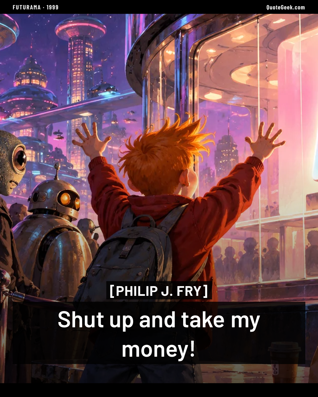 “Shut up and take my money!” — Philip J. Fry · Futurama. Illustrated QuoteGeek card.