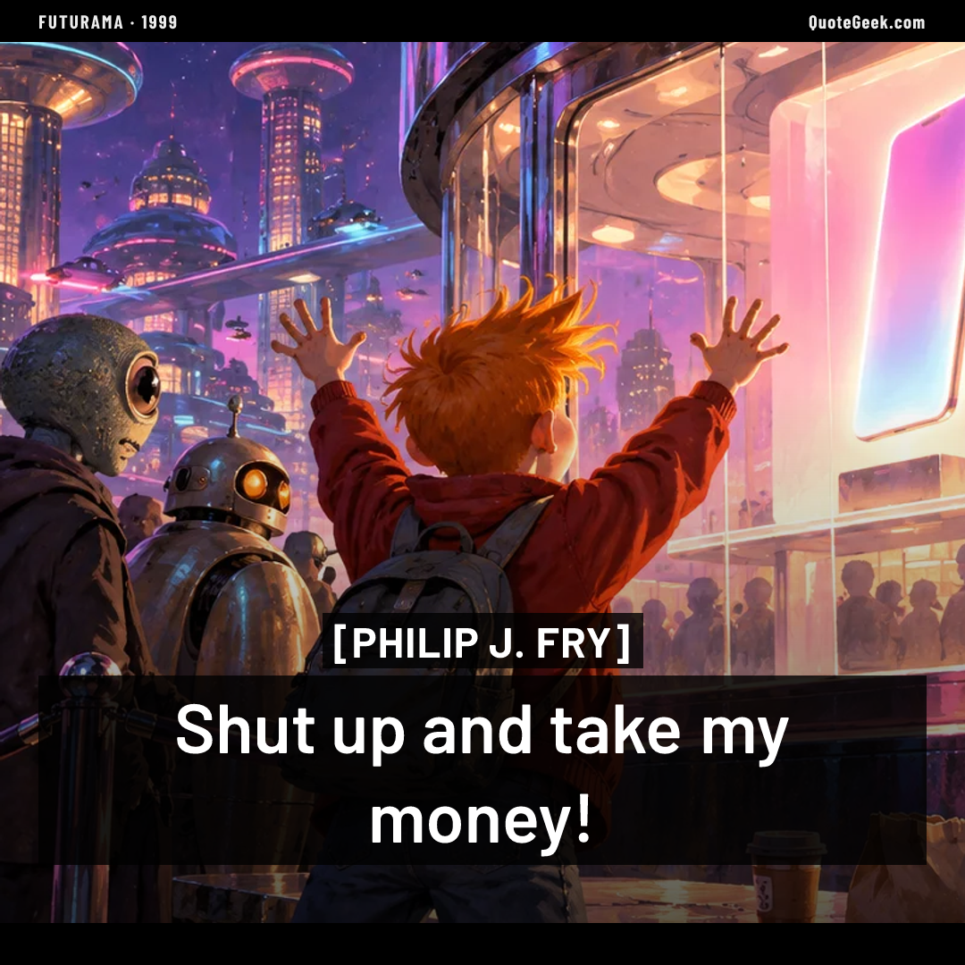 “Shut up and take my money!” — Philip J. Fry · Futurama. Illustrated QuoteGeek card.