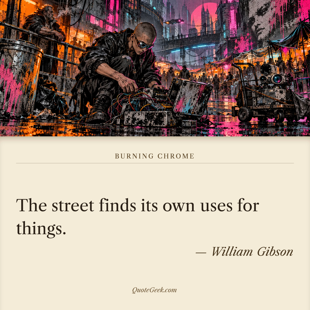 “The street finds its own uses for things.” — William Gibson · Burning Chrome. Illustrated QuoteGeek card.