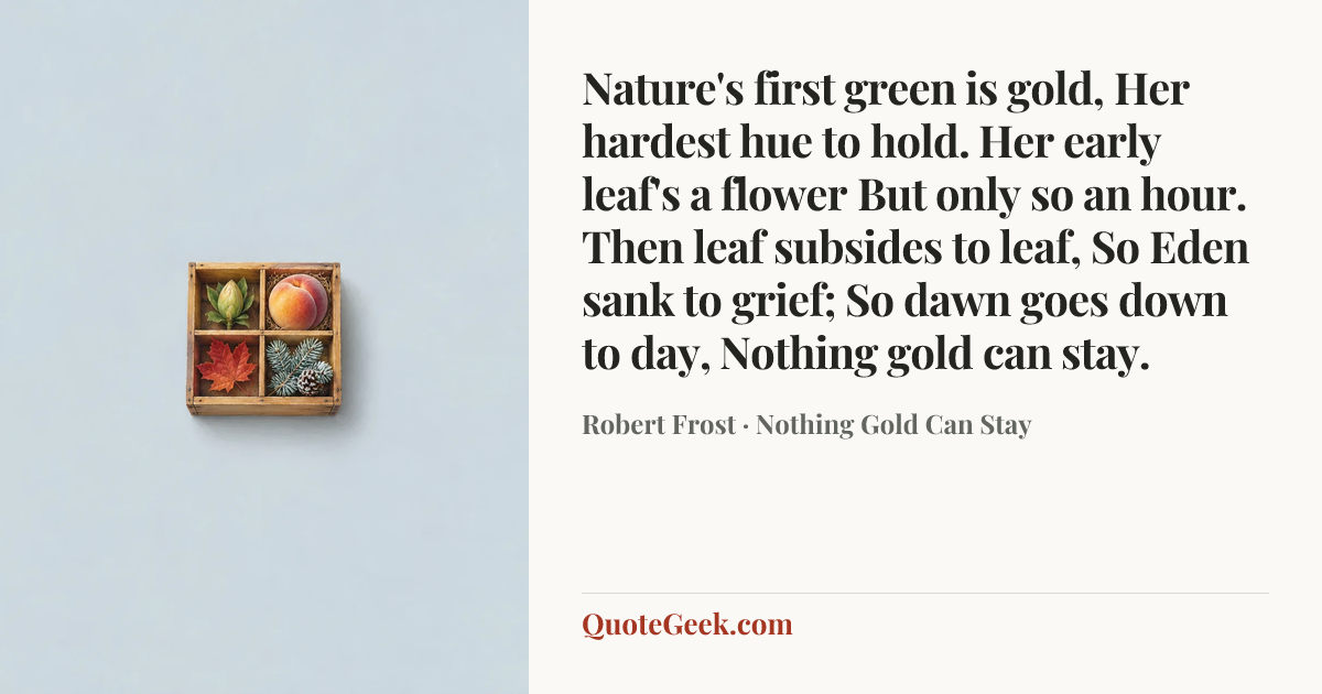 “Nature's first green is gold,
Her hardest hue to hold.
Her early leaf's a flower
But only so an hour.
Then leaf subsides to leaf,
So Eden sank to grief;
So dawn goes down to day,
Nothing gold can stay.” — Robert Frost · Nothing Gold Can Stay. Illustrated QuoteGeek card.