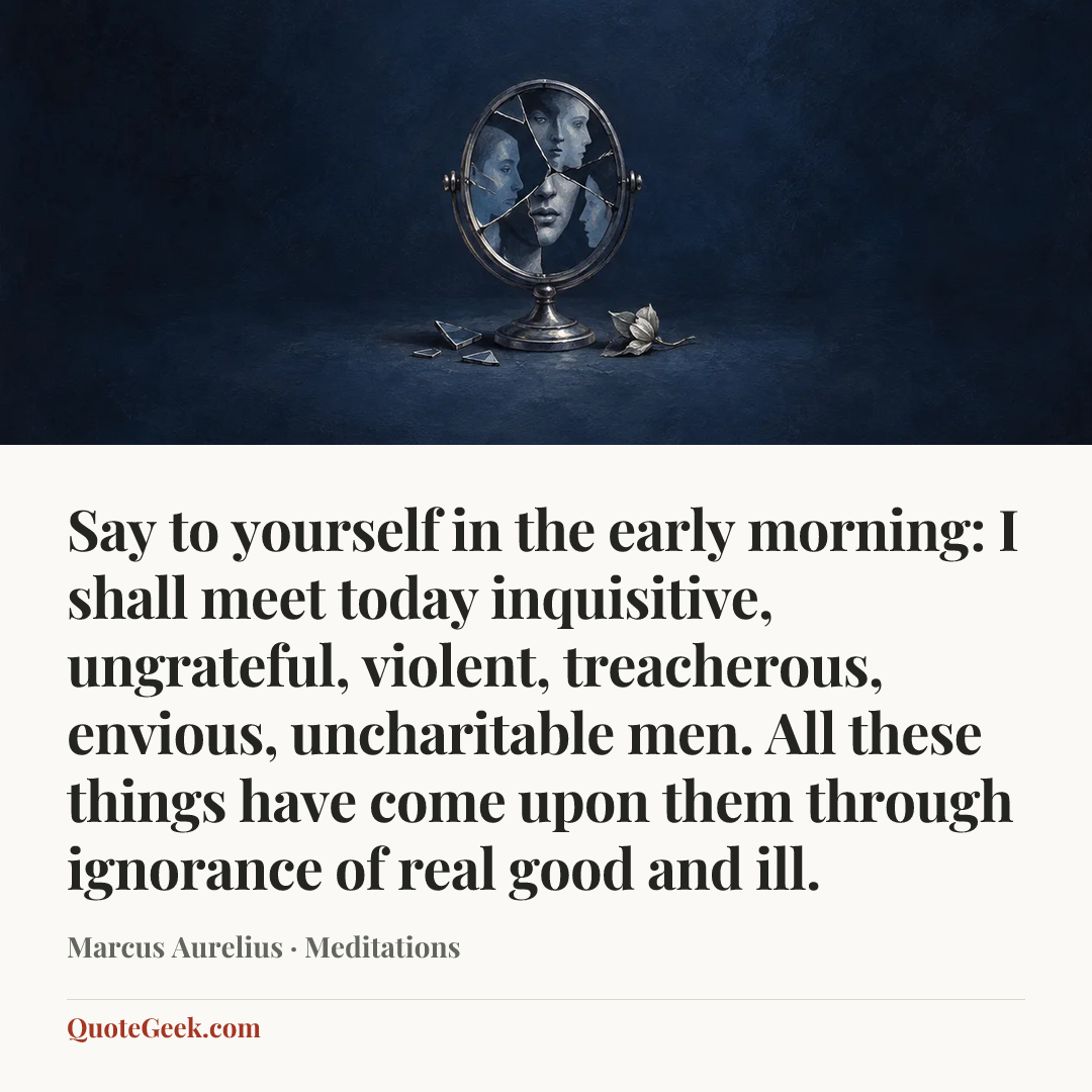 “Say to yourself in the early morning: I shall meet today inquisitive, ungrateful, violent, treacherous, envious, uncharitable men. All these things have come upon them through ignorance of real good and ill.” — Marcus Aurelius · Meditations. Illustrated QuoteGeek card.