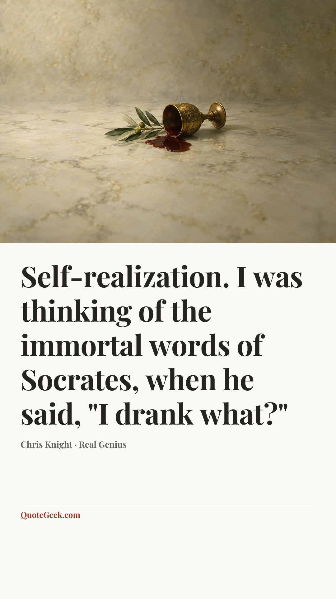 “Self-realization. I was thinking of the immortal words of Socrates, when he said, "I drank what?"” — Chris Knight · Real Genius. Illustrated QuoteGeek card.