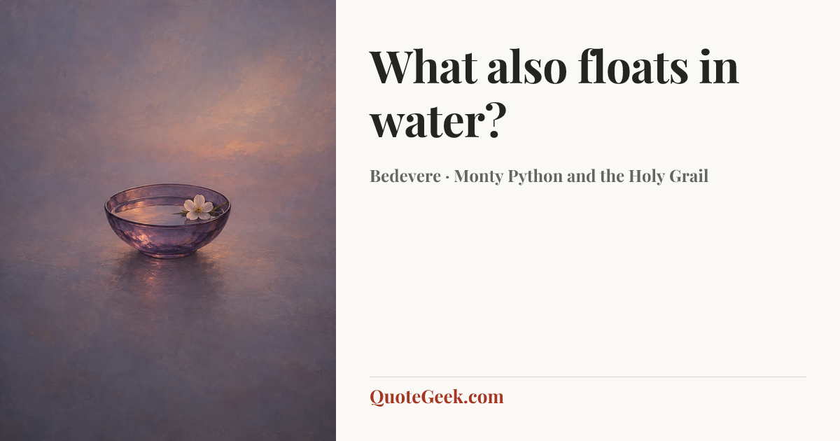 “What also floats in water?” — Bedevere · Monty Python and the Holy Grail. Illustrated QuoteGeek card.