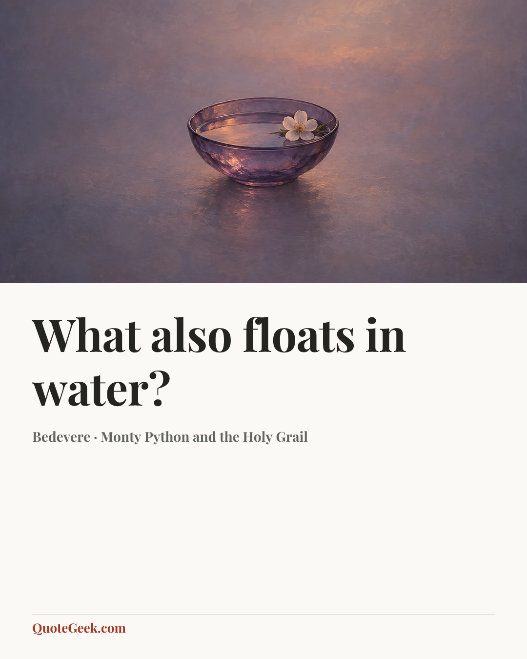“What also floats in water?” — Bedevere · Monty Python and the Holy Grail. Illustrated QuoteGeek card.