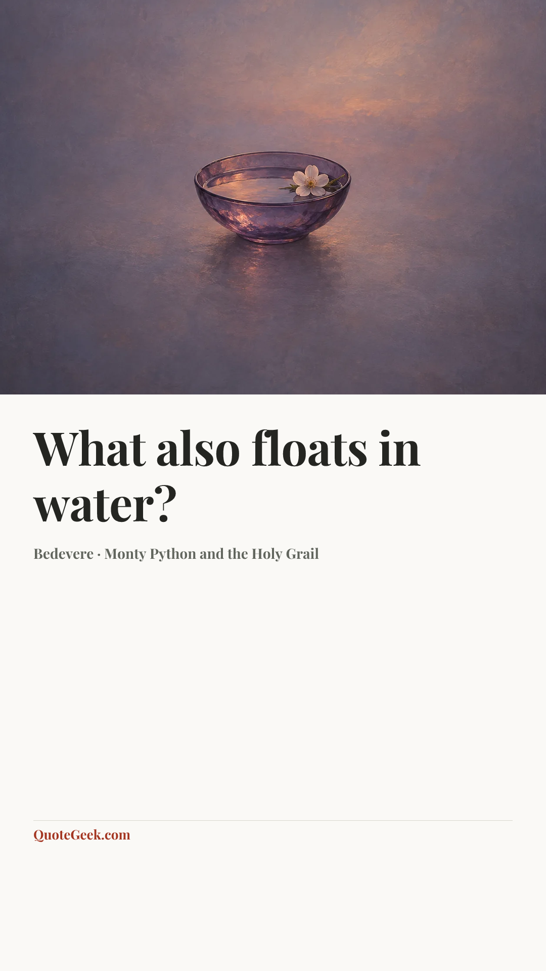 “What also floats in water?” — Bedevere · Monty Python and the Holy Grail. Illustrated QuoteGeek card.