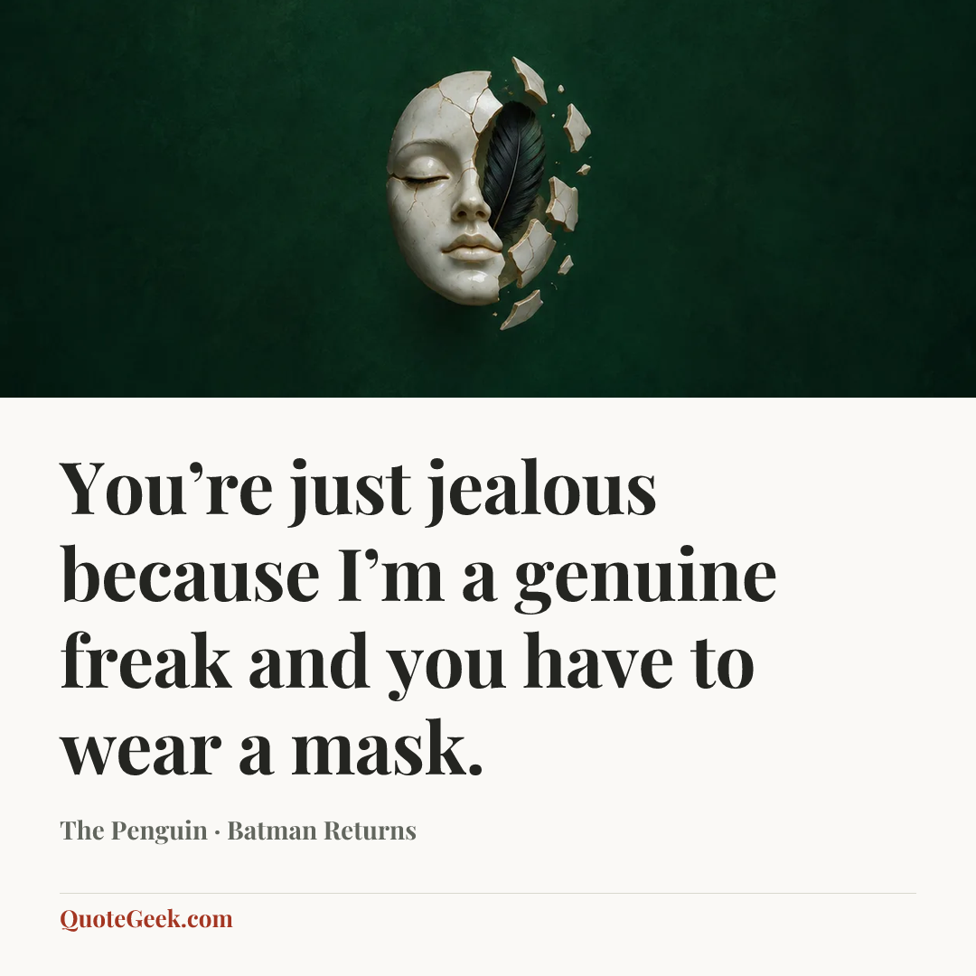 “You’re just jealous because I’m a genuine freak and you have to wear a mask.” — The Penguin · Batman Returns. Illustrated QuoteGeek card.