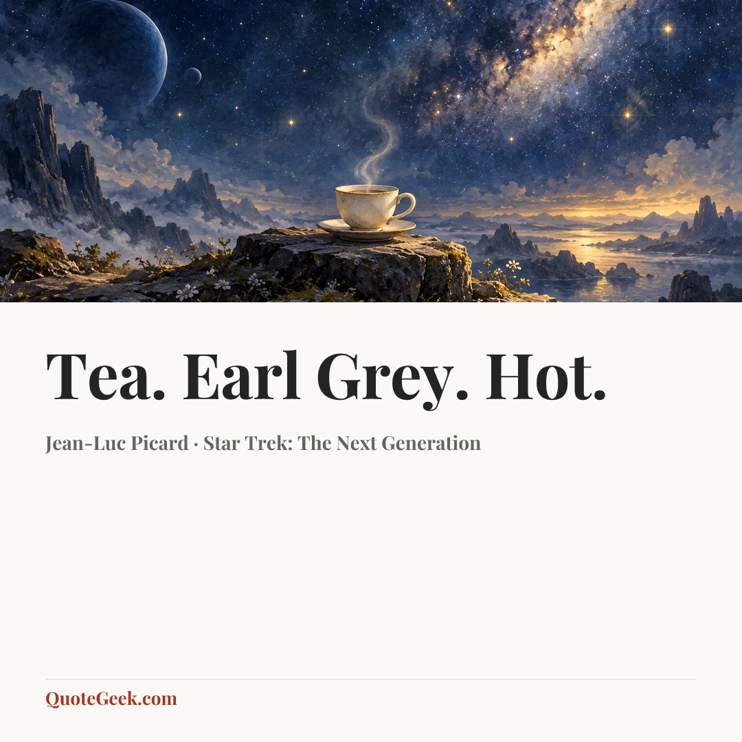 “Tea. Earl Grey. Hot.” — Jean-Luc Picard · Star Trek: The Next Generation. Illustrated QuoteGeek card.