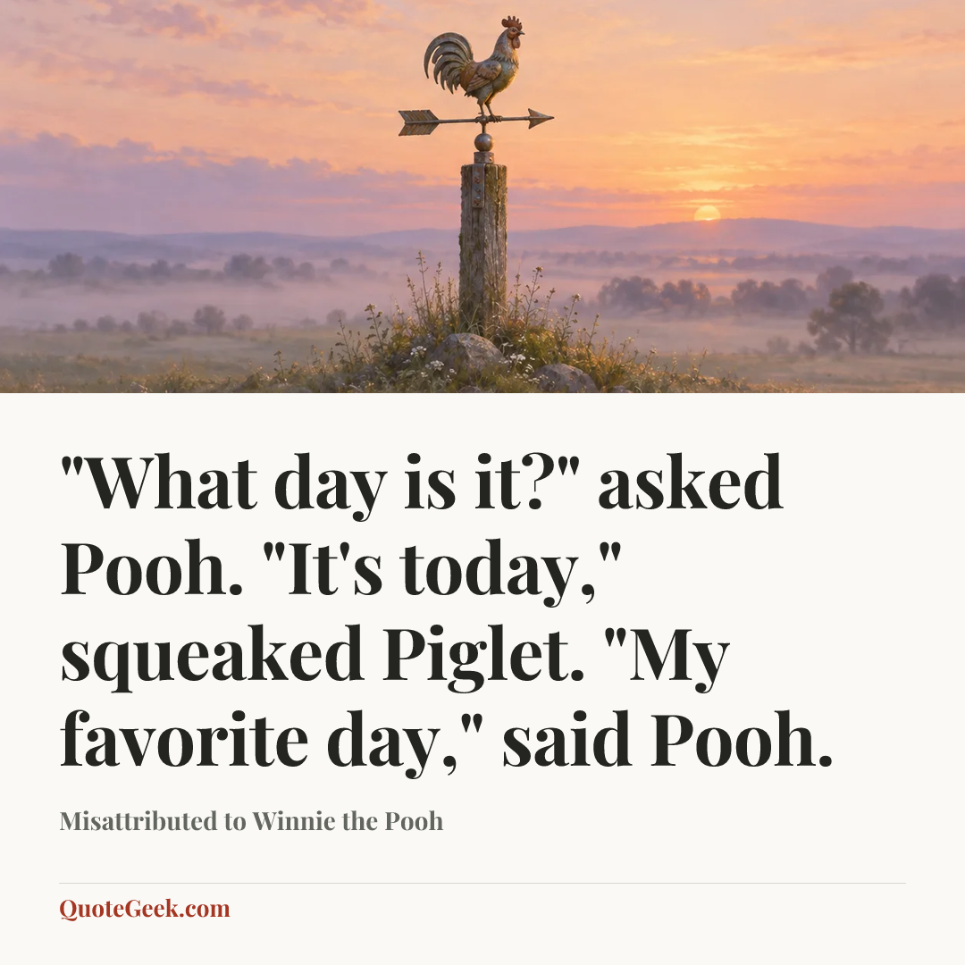 “"What day is it?" asked Pooh. "It's today," squeaked Piglet. "My favorite day," said Pooh.” — Misattributed to Winnie the Pooh. Illustrated QuoteGeek card.